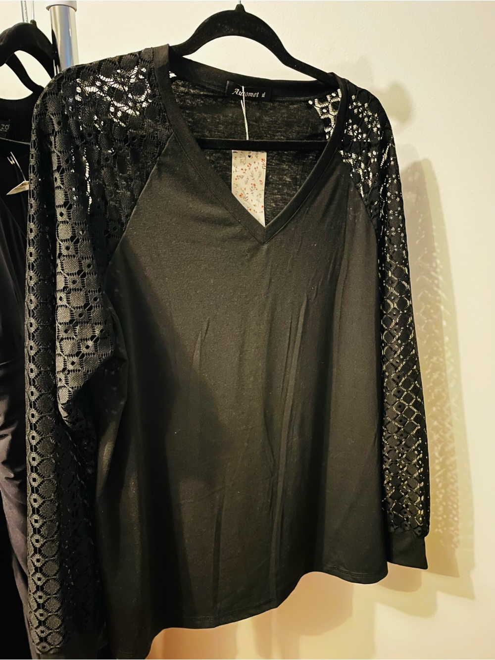 Black Lace Sleeve V-Neck Top